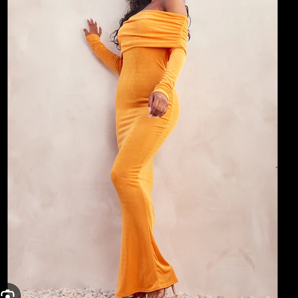 PRETTYLITTLETHING Orange Acetate Slinky Bardot Long Sleeve Maxi Dress
